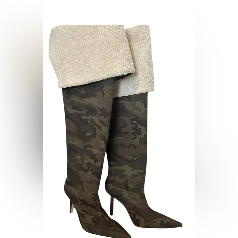 Good American High Kickstand Camo Neoprene Over Knee Boots Sherpa For Size 10